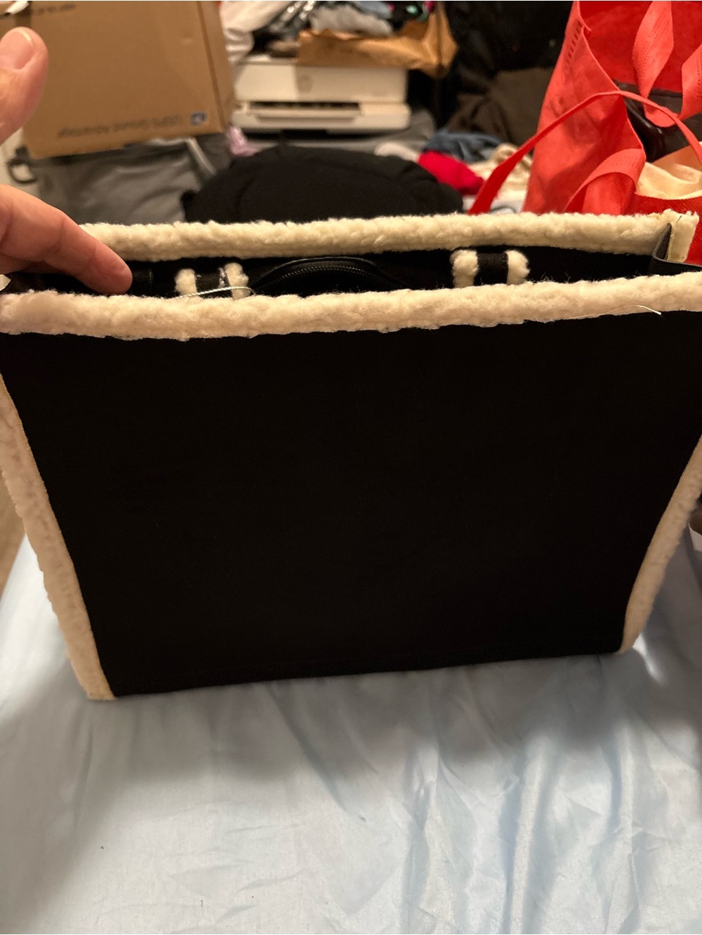 Black Tote Bag with Cream Plush Trim - Women’s Everyday Shoulder Tote